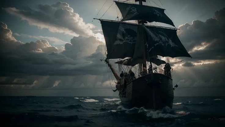 Cinematic wide shot of a menacing pirate ship with black sails on stormy seas, flag flying high, 18th century, dramatic lighting