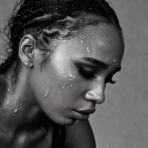 close up and zoomed in on a beautiful depressed emotional sad crying black girl with crying a single teardrop trail running down her face and a black background, sad, depressed, emotional, close up on side profile only showing cheek and eyelight falling on...