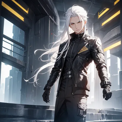 man with white hair, golden eyes, black clothes and futuristic scenery. he has a cold and manipulative face