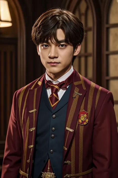 Kim Taehyung de BTS con el uniforme de la casa Gryffindor de Harry Potter