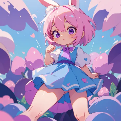 A cute little , 5 years old, wee,  with short white hair, with pink highlights, big and purple eyes, blue dress and bunny ears