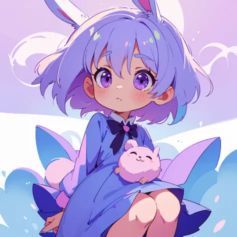 A cute little , 5 years old, wee,  with short white hair, with pink highlights, big and purple eyes, blue dress and bunny ears