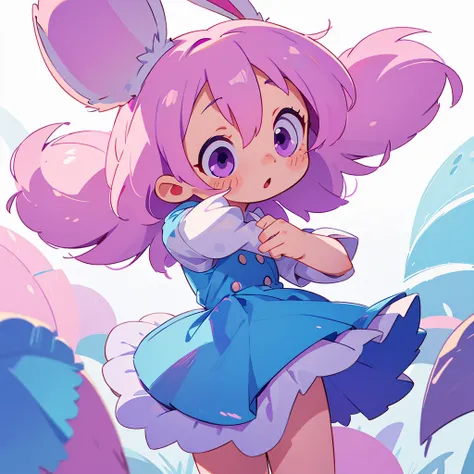 A cute little , 5 years old, wee,  with short white hair, with pink highlights, big and purple eyes, blue dress and bunny ears