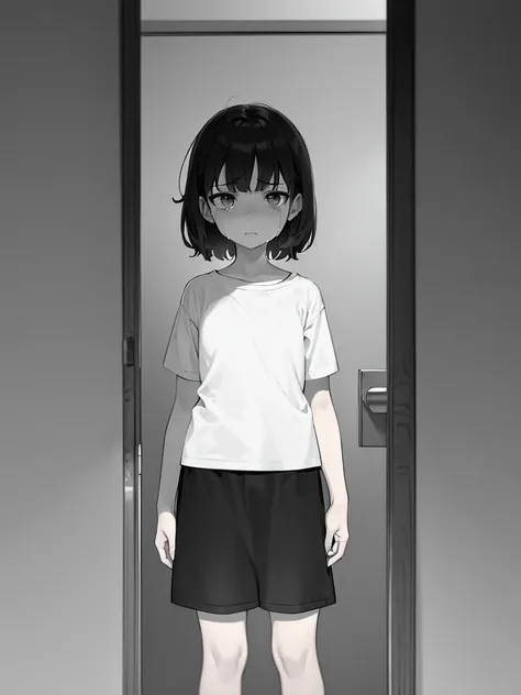 An 11-year-old girl wears only half a t-shirt, no pants. She is naked, only wears a t-shirt. She is very, very, very afraid and cries intensely. She stands in front of a house and knocks on the door of the house at night.