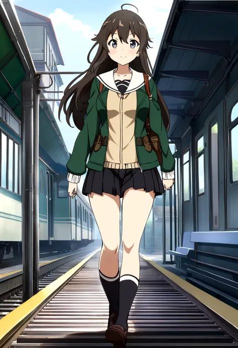 Anime girl with long hair walking on a train platform., Kantai Collection Style, railgun, Perfect, kantai collection gallery, cancolle, Makoto Shinkai Style, visual anime of a cute girl, makoto shinkai art style, beautiful anime high school girl, 4K anime ...