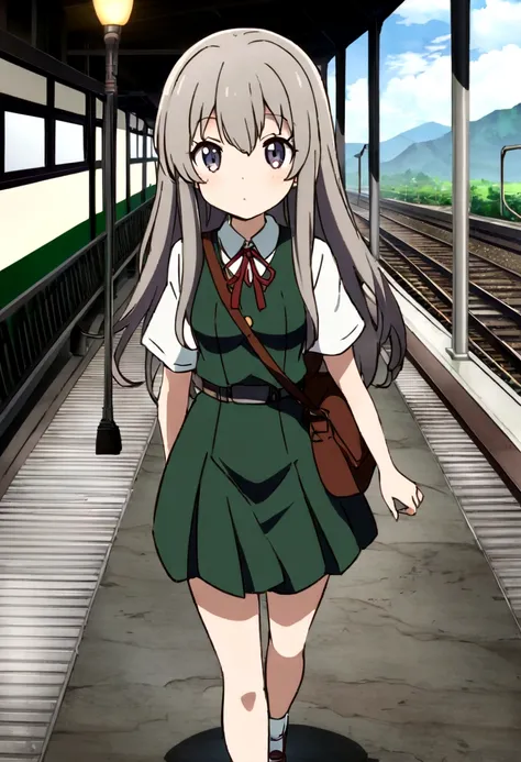 Anime girl with long hair walking on a train platform., Kantai Collection Style, railgun, Perfect, kantai collection gallery, cancolle, Makoto Shinkai Style, visual anime of a cute girl, makoto shinkai art style, beautiful anime high school girl, 4K anime ...