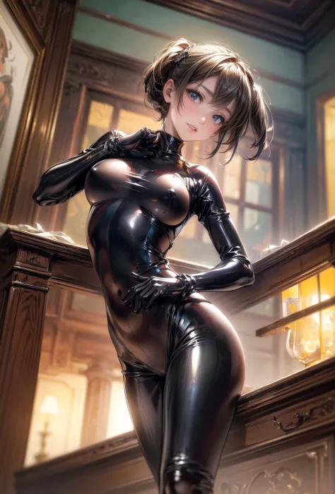 nsfw、(masterpiece, Highest quality, Super detailed:1.3), Perfect composition, 4K, (Very detailed, Super detailed),(Angle from directly below the girl:1.5), Ultra-thin high-cut latex suit、Long gloves in latex、Latex long tights,(The skin is slightly visible)...