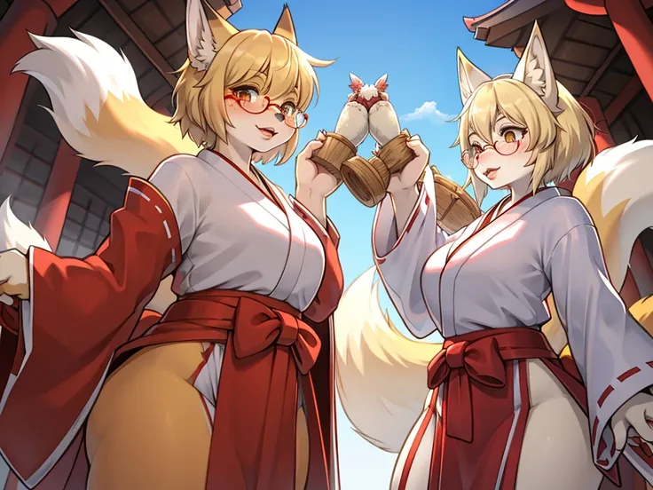 Japanese shrine maiden outfit fox , short blonde hair, freckles, (thick lips), plump, glasses , Suspicion eyes , gohei , Japanese monster fight scene