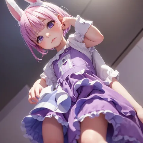 A cute little , 5 years old, wee,  with short white hair, with pink highlights, big and purple eyes, blue dress and bunny ears