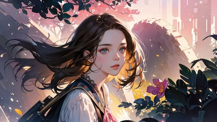 32k, Masterpiece, Highest quality, One girl, Brown Hair, Detailed eyes, flower,Freesia, Pink and navy style,A dreamy, romantic piece,Pale yellow, Mysterious Leaves,A playful arrangement,Fantasy,High Contrast,Ink strokes,explosion,Exposure, Impression of pi...