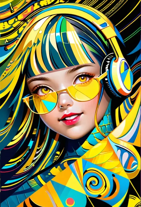 (((yellow glasses:1.3))), headphone, short hair, blunt bangs,Please turn the provided image into a painting keeping the same agape face features and realistic likeness and with the following characteristics: Art Style: Flowing Picasso style. Colors: Vibran...