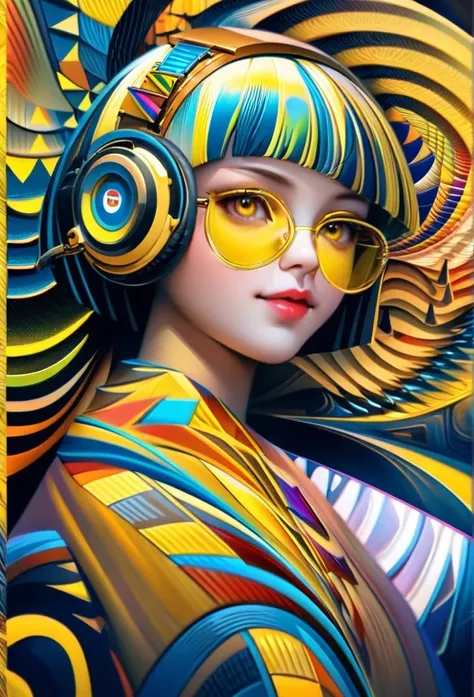 (((yellow glasses:1.3))), headphone, short hair, blunt bangs,Please turn the provided image into a painting keeping the same agape face features and realistic likeness and with the following characteristics: Art Style: Flowing Picasso style. Colors: Vibran...