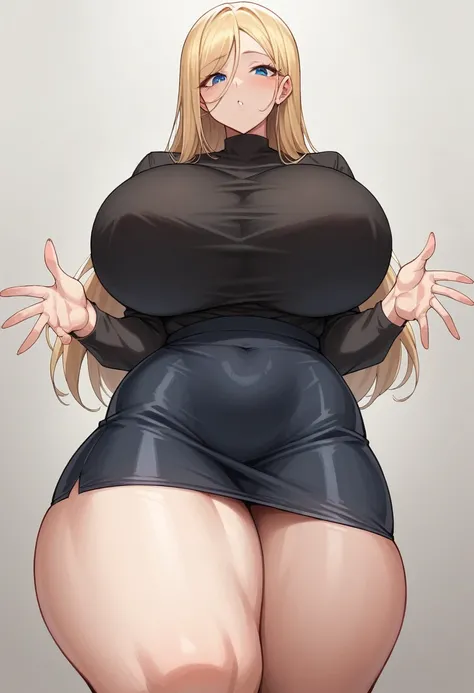 milf, Workwear, 30 year old adult,appreciation would be, blue eyes, long blonde hair, giant tits ,huge thighs,giant breasts,black long sleeve shirt, stretched buttons about to break, Precion in a black shirt with giant huge tits, tight short black skirt, e...