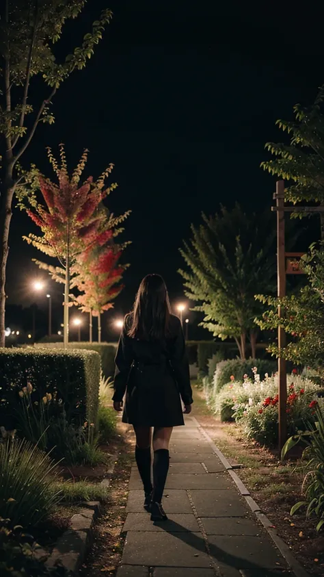 Girl dressed in black walking in a red garden at night 