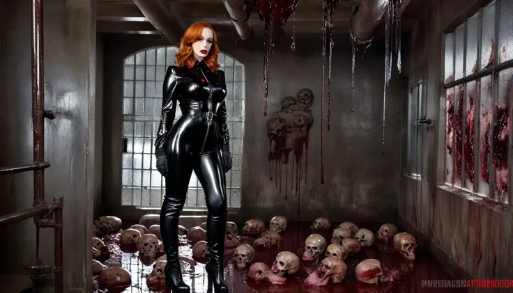 realistic nsfw porn gore photo full length framing , WWII Christina hendricks standing , wearing black shinny pvc WWII german uniform , black shinny pvc catsuit , wearing shinny pvc thigh high boots , in dirty morgue with with dead skulls , blood on ground...