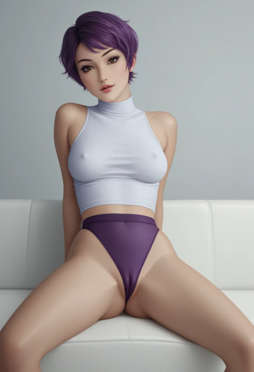 score_9_up, score_8_up, score_7_up, 1girl, solo, mature female, ((Sabin Wren)), purple short  hair, pixie haircut, brown eyes, pink lips, parted lips, fit slim body, ((( deep neck white tank, purple tight thong, cameltoe ))), (((dark grey Starship room, sp...