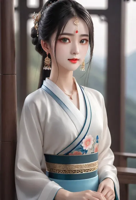 (Realistic, Highest quality, Ultra-high resolution, Highly detailed eyes and face:1.3),(One girl, alone:1.3),skirt,jewelry,length_hair,necklace,Earrings,Perfect body,Are standing,Large Breasts,View your viewers,Chinese clothing,China dress,Hanfu,