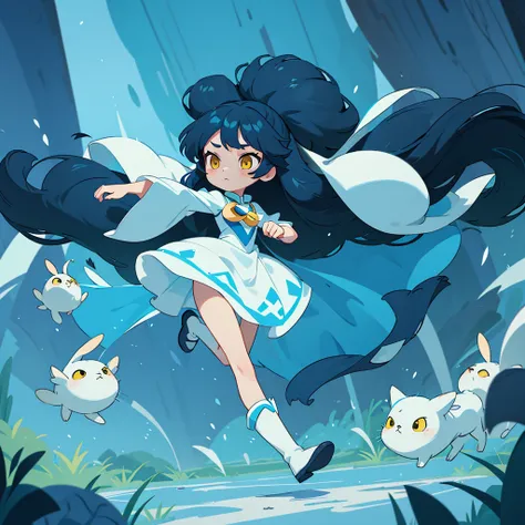 a black , with long, voluminous blue hair, yellow  eyes, a white dress and blue boots make her run after a furry white rabbit 