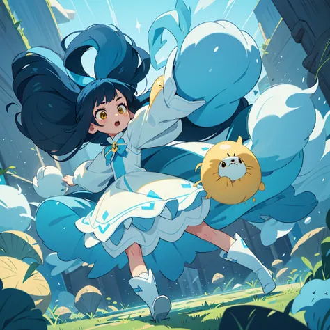 a black , with long, voluminous blue hair, yellow  eyes, a white dress and blue boots make her run after a furry white rabbit 