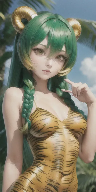 Highest quality, masterpiece,Green Hair, Golden Eyes,Tiger print clothes, look up, Upper Body,hair,Fair skin,Side braid,anime「Urusei Yatsura」,Ram,thunder