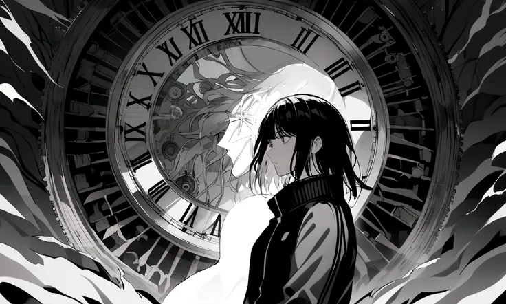 black and white drawing, Clockwork background that looks like a giant woman, A giant clockwork collapsing., 26 year old male 1, black neat hair, a lonely face, wearing gray tracksuit, the machine falls apart.