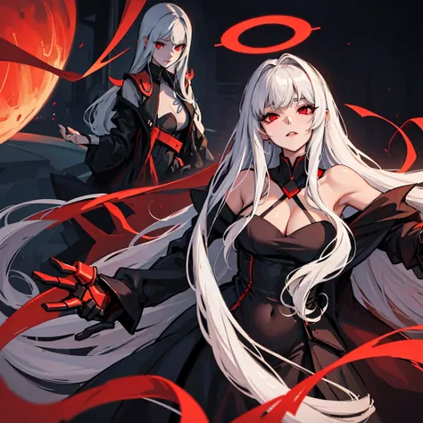 sensual female character with long white hair. Red eyes. mature face. black dress with low neckline. it must be in a futuristic setting