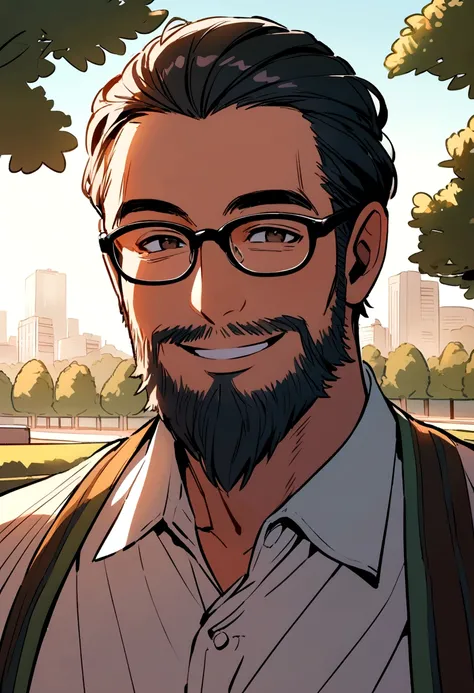 man with short beard smiling wearing glasses with a park in the background