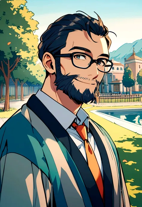 man with short beard smiling wearing glasses with a park in the background