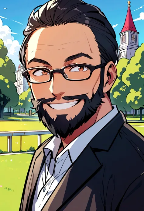 man with short beard smiling wearing glasses with a park in the background