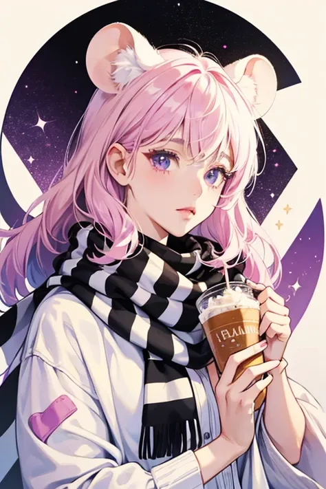 she is a white girl mouse with a cream left ear and cream spots on the back. Her hair is pink with purple streaks. She has black eyes and wears a black and white diagonal striped scarf. SPARKLE; GLITTER