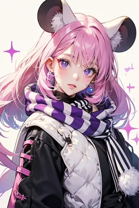 she is a white girl mouse with a cream left ear and cream spots on the back. Her hair is pink with purple streaks. She has black eyes and wears a black and white diagonal striped scarf. SPARKLE; GLITTER