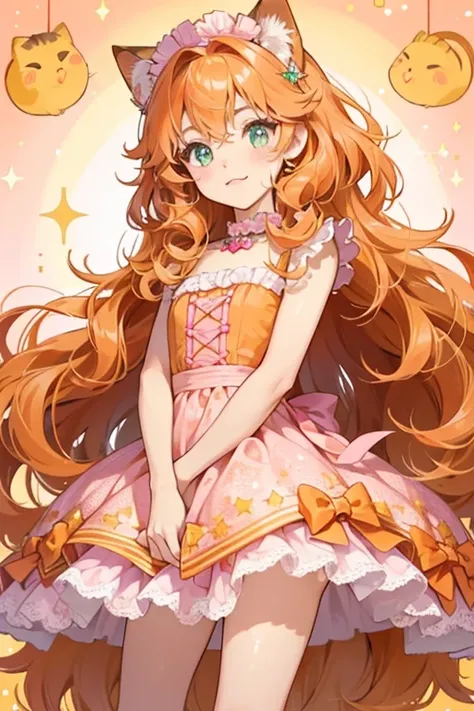 Cowardly Kitty is a peach-colored girl cat (resembles a Siberian cat) with small orange spots on her legs. She has orange curly hair, she has teal eyes, she is wearing a pink frilly dress, and she has a small pink star on her right cheek. SPARKLE; GLITTER