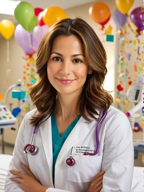 "A dedicated female pediatrician in her early 30s, with shoulder-length brown hair and warm brown eyes, smiling as she examines a  in a hospital room filled with colorful decorations — realistic, consistent characters, 16:9"