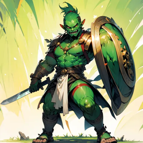 1boys orc, orc version, full body version, red eyes, green colour skins, angry eyes, bald hairstyle, angry expression, ancient g...