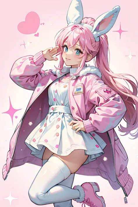 Snow Bunny has pink hair in a pony tail, she is wearing bunny ears, she is also wearing a comfy pink puffy coat and white tights with polka dots on them along with comfy pink boots.  SPARKLE; GLITTER