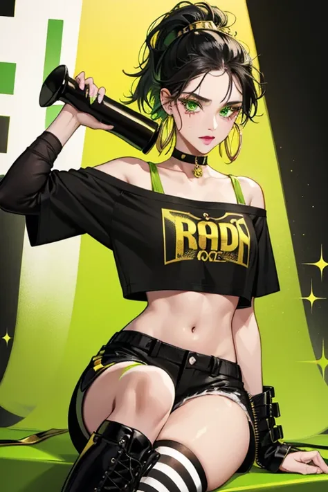 Bhaddie is a pale-complected LOL with olive-green eyes and rooted black hair streaked with lime green. She has lime green eye shadow, black lipstick, and a small beauty mark above her lip.

Her outfit consists of a black t-shirt with gold lettering reading...