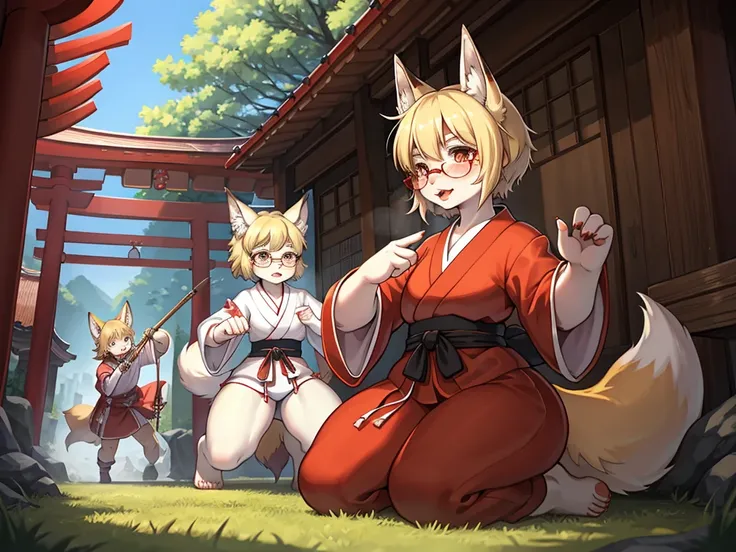 Japanese horror movie style , Japanese shrine maiden outfit fox , short blonde hair, freckles, (thick lips), plump, glasses , Suspicion eyes , gohei , Japanese monster fight scene , with yokai