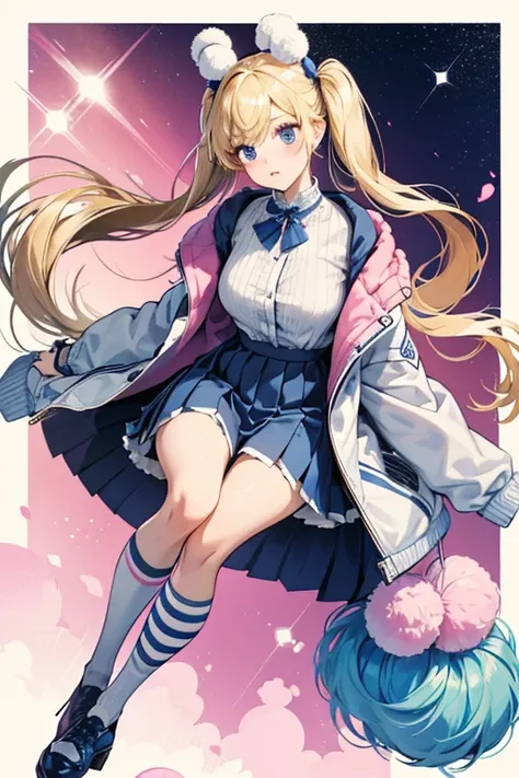 Her hair is blonde and is styled into two high pigtails, both her hair and her outfit which consists of a grey jacket on top of a tied white blouse with a pink undershirt underneath as well as a navy blue pleated skirt, navy blue thigh high socks with two ...