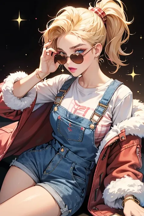 Twang has light skin, blue eyes, blonde hair in a high ponytail with a big curl swept to her right, pink lipstick, red blush, and brown eyebrows. She wears a gold bracelet, red pilot sunglasses with gold frames, a blue top and blue shorts with rips at the ...