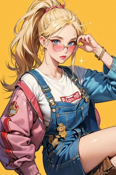 Twang has light skin, blue eyes, blonde hair in a high ponytail with a big curl swept to her right, pink lipstick, red blush, and brown eyebrows. She wears a gold bracelet, red pilot sunglasses with gold frames, a blue top and blue shorts with rips at the ...