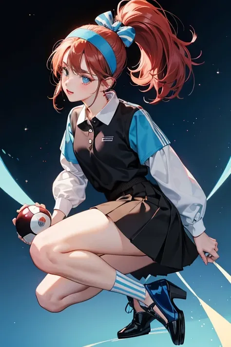 Pins has medium brown skin, brown eyes, cherry red hair in a high ponytail with bangs, red blush and pink lipstick. She wears a sky blue headband, a black and sky blue polo with black buttons and blue stripes on the sleeves, a black skirt with a blue strip...