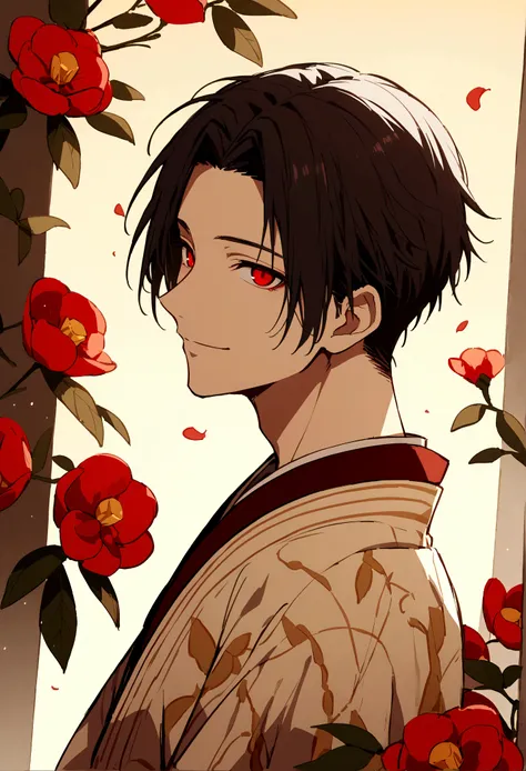 ((red eyes))、引きつけるred eyes、smile、crimson eyes、beautiful man、1 person、neutral、black hair、(red eyes)、kimono with camellia pattern、...