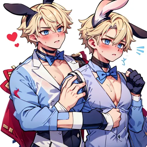 male focus, pectorals, animal ears, gloves, multiple boys, muscular, rabbit ears, muscular male, pasties, blonde hair, blue eyes...