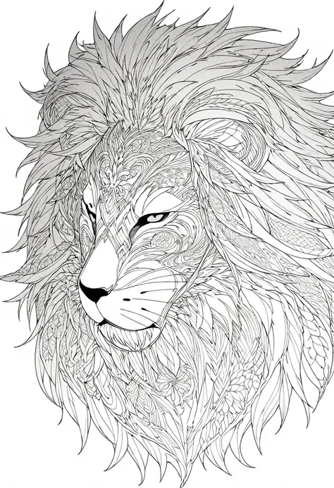 a black and white drawing of a lion surrounded by leaves, intricately detailed fur, intricate line art, very detailed and ornate...