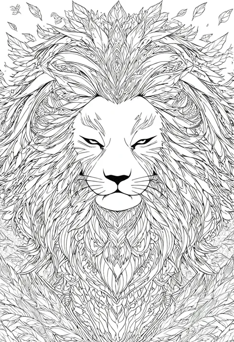 a black and white drawing of a lion surrounded by leaves, intricately detailed fur, intricate line art, very detailed and ornate...