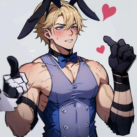 male focus, pectorals, animal ears, gloves, multiple boys, muscular, rabbit ears, muscular male, pasties, blonde hair, blue eyes, 2boys, bowtie, pectoral grab, detached collar, large pectorals, bow, blush, bara, yaoi, grabbing, fake animal ears, upper body...