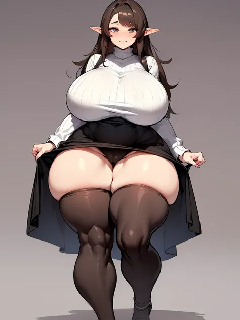 young elf girl, lila eyes, lila Pullover, black long skirt, whole body to see, smiled, excited, moans, brown long hair, (( very wide hips)), (((colossal Thighs, gigantic thighs, very huge thighs, very big thighs))), sexy pose