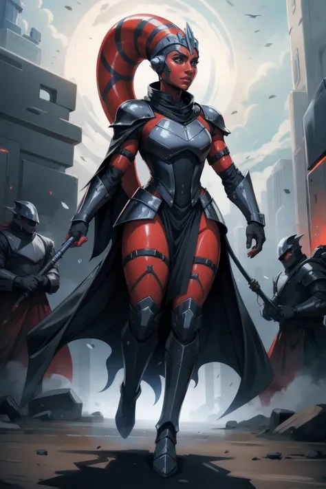 brutal red skin twi'lek with huge breasts wearing futuristic ((sleek (black) armor, black armor)) robes, cowl, crown, helmet, ca...