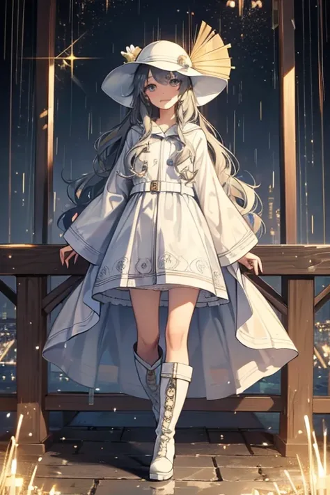 Wavy hair, rain hat, slicker and boots. SPARKLE; GLITTER