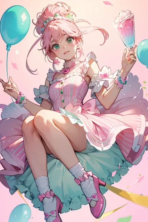 She has see-through light pink confetti hair and pink eyebrows to match. She is wearing a dress with pink and green stripes. Her shoes are the same shade of green as the green on her dress, and have red pom poms on the tip of them. The socks under them go ...